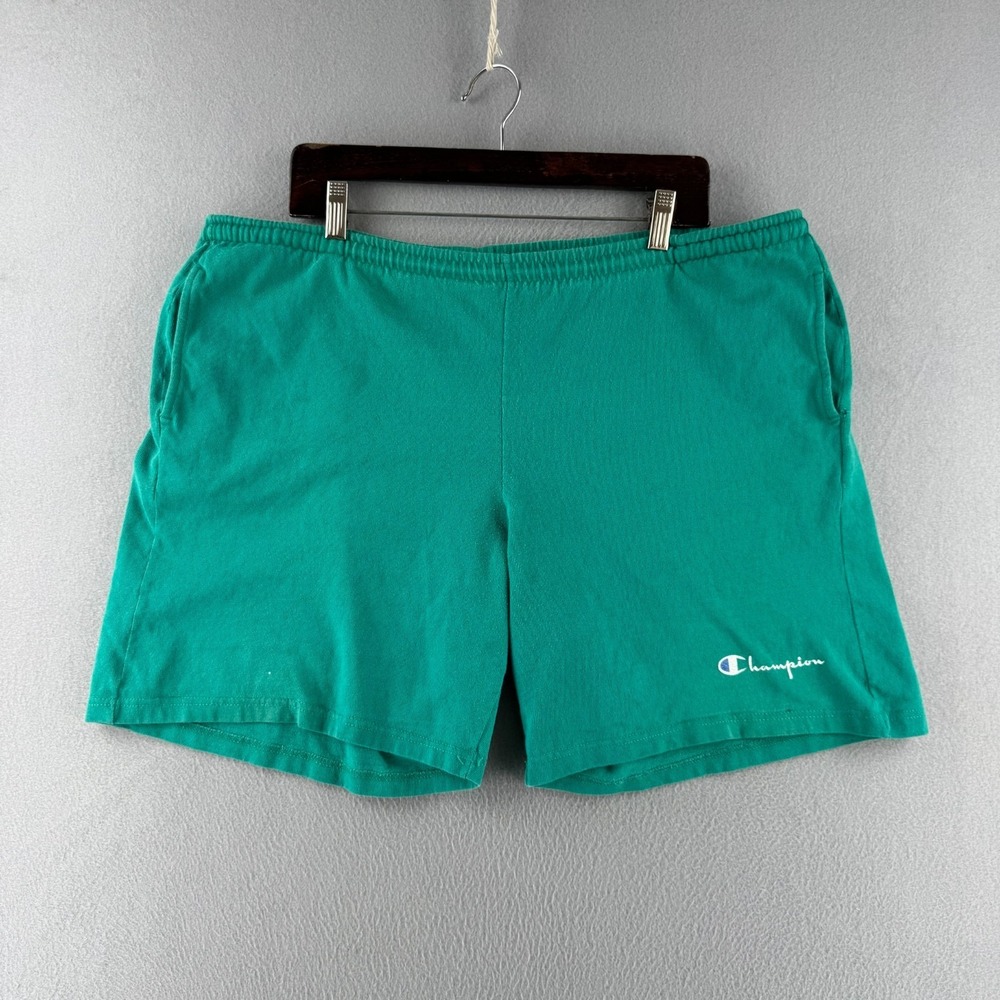 Vintage Champion Shorts Mens XL Tall Teal Blue Cotton Drawstring Made in USA 90s
